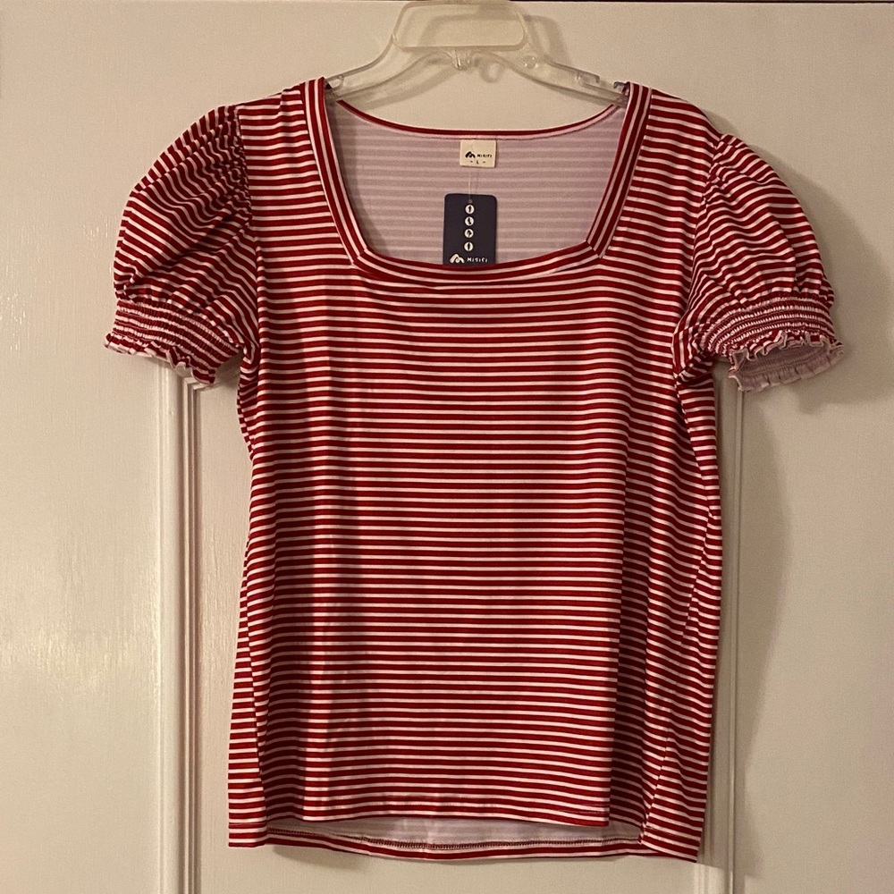 Red & White Striped Puff Sleeve Top - Women's, Lg, NWT